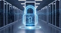 Digital padlock symbolizing data security and cybersecurity in a server room environment Royalty Free Stock Photo