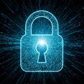 Glowing digital padlock icon on binary code background, cybersecurity concept Royalty Free Stock Photo