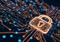 Glowing Digital Padlock on Orange Circuit Board Background Royalty Free Stock Photo