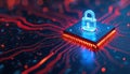 Glowing digital padlock secures computer chip on circuit board. Network security, data protection, cyber threat, and system Royalty Free Stock Photo