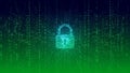 Digital padlock symbol glowing with binary code streams in green and blue hues against a dark background Royalty Free Stock Photo
