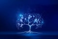 Glowing digital polygonal tree on background. Network, technology and database concept. 3D Rendering