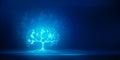 Glowing digital polygonal tree on wide background with mock up place. Network, technology and database concept. 3D Rendering Royalty Free Stock Photo