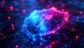 Glowing digital security shield icon representing advanced data protection and network defense on a futuristic circuit board Royalty Free Stock Photo