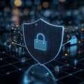 Digital security shield protects data with lock symbol in a futuristic environment
