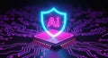Futuristic AI technology concept with glowing digital shield and microchip representing cybersecurity innovation Royalty Free Stock Photo