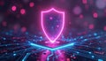 Glowing digital shield over circuit board. Represents cybersecurity network data protection. Future tech encryption privacy Royalty Free Stock Photo