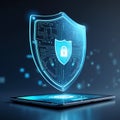 Glowing Digital Shield with Padlock Above Tablet Device security protection Royalty Free Stock Photo
