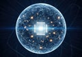 Glowing digital sphere with central microchip and network connections Royalty Free Stock Photo