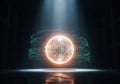 Glowing digital sphere containing data and binary code in a dark environment with circular data streams Royalty Free Stock Photo