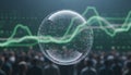 Glowing digital sphere hovers above crowd with market chart suggesting fragile global data network and speculative Royalty Free Stock Photo