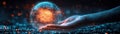glowing digital sphere of interconnected nodes and lines hovers above hand, symbolizing advanced technology and Royalty Free Stock Photo