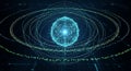Futuristic digital sphere with glowing nodes and orbiting particles on a dark background Royalty Free Stock Photo