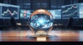 Glowing digital sphere projecting intricate data visualizations and analytical graphs for future business insights Royalty Free Stock Photo