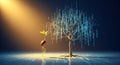Digital Tree with Binary Code Leaves and Small Sapling Growing on Futuristic Grid Royalty Free Stock Photo