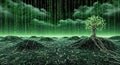 Glowing digital tree of life grows from electronic circuit board landscape under falling binary code Royalty Free Stock Photo