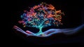 Glowing digital tree of life in hands highlighted by vivid network of colorful lights representing connectivity and