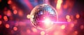 Glowing disco ball on bokeh background. Close-up horizontal blurred background with blank space. Generative AI Royalty Free Stock Photo