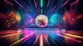 Glowing Disco Balls in a Vibrant Nightclub. Disco Balls Reflecting Neon Lights. Retro-Future Party. Modern Club Royalty Free Stock Photo