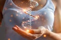 Glowing DNA helix floating above a hand in a dynamic, fiery environment, representing the powerful and transformative nature of