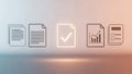 A glowing document icon with a checkmark stands out among other documents and data icons on a gradient background Royalty Free Stock Photo