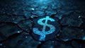 Glowing dollar symbol amid cracked earth and scattered currency Royalty Free Stock Photo