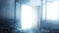 Glowing door in fog night forest. Light portal. Mistic and magic concept. 3d rendering. Royalty Free Stock Photo