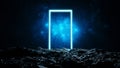 Glowing doorway portal in space on a stone planet. A door to other worlds. 3d render Royalty Free Stock Photo