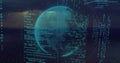 Glowing dotted Earth globe hovering in virtual digital space, with grid plane floating code streams Royalty Free Stock Photo