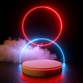 Glowing Double Circles Red And Blue Neon Light With Podium And Cloud Background 3d Render