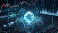 Futuristic digital network connecting a glowing Earth with financial charts and data streams Royalty Free Stock Photo