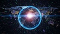 Global network of digital connections and data streams encircling a glowing Earth with a map backdrop Keywords Royalty Free Stock Photo