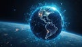 Glowing earth in dark space connected by bright blue light network lines. Planet shows lights of cities on continents. Background Royalty Free Stock Photo