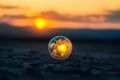 A glowing earth globe in a barren landscape at sunset, symbolizing climate change concerns Royalty Free Stock Photo