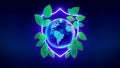 Glowing earth inside a neon shield surrounded by green leaves on a dark blue background Royalty Free Stock Photo