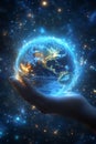 A glowing Earth rests gently in a nurturing hand, symbolizing environmental care and global responsibility Royalty Free Stock Photo