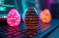Glowing Easter eggs with digital code patterns on programmer workspace. Eggs emit multicolored neon light. Cyberpunk holiday