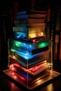 glowing ebook reader surrounded by physical books