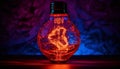 Glowing electric lamp illuminates old fashioned glass bottle on antique table generated by AI