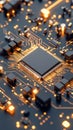 Glowing electronic circuit board with central processor and intricate orange pathways, detailed view of microchips and components. Royalty Free Stock Photo