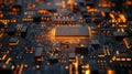 Glowing electronic microchip circuit board with illuminated paths