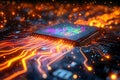 Glowing electronic microchip with data streams futuristic technology concept Royalty Free Stock Photo