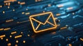Glowing email envelope on circuitry, symbolizing digital communication, network, and data transfer Royalty Free Stock Photo