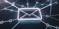 Glowing email envelope icon connected by lines on a dark background representing network concept Royalty Free Stock Photo