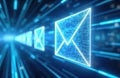 Glowing email symbols fly through digital data stream. Internet correspondence moves fast via cyberspace communication network. Royalty Free Stock Photo