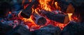 Glowing Embers and Flames in a Campfire at Night Royalty Free Stock Photo