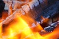 Glowing embers in hot red color, abstract background. The hot embers of burning wood log fire. Firewood burning on grill. Texture Royalty Free Stock Photo