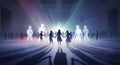 Glowing ethereal figures dance in a mystical light-filled hall, symbolizing unity Royalty Free Stock Photo