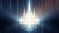 Digital Palace of Light Futuristic Architecture with Binary Code Rain Royalty Free Stock Photo