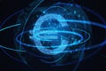 Glowing Euro icon with global financial network background. Economy and digital currency concept. Royalty Free Stock Photo